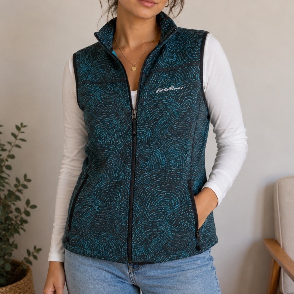 Eddie Bauer Women's Medium Soft Shell Vest Blue Black Full Zip Outdoor Hiking
